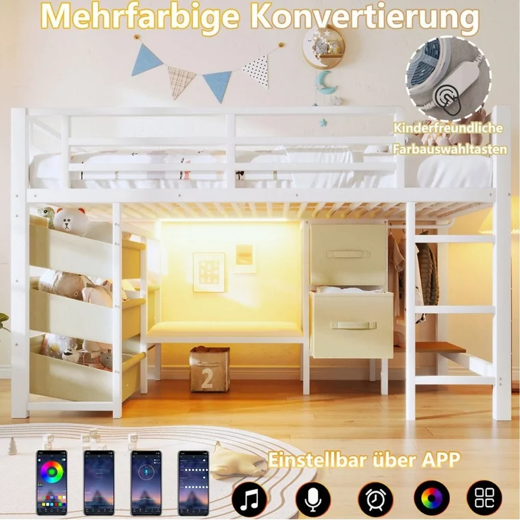 SOFTWEARY Hochbett LED-Beleuchtung und Stauraum (90x200 cm, mit Lattenrost, Schubladen, Leiter, Kleiderstange, Sitzbank) Kinderbett mit Rausfallschutz, Metallbett – Bild 3