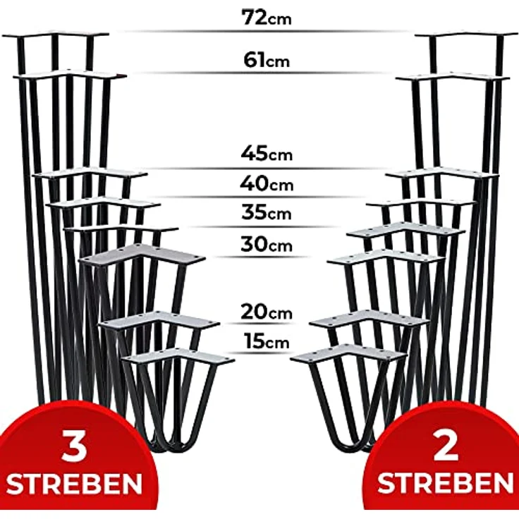 VENDOMNIA Tischbein Hairpin 4er Set, Metall, aus Stahl, 2 oder 3 Streben, Größenwahl, Haarnadel Möbelfüße,Hairpin Legs Tischgestell,Couchtisch, Schreibtisch – Bild 7