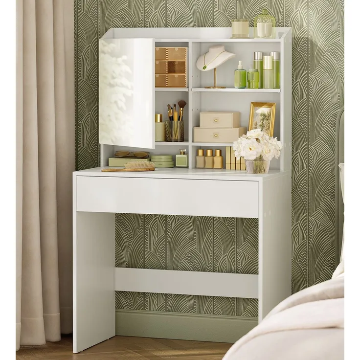 Vasagle Schminktisch, Frisiertisch mit Spiegel und Einer Schublade, Kosmetiktisch, verstellbare Ablagen, modern, 70 x 40 x 136 cm, weiß