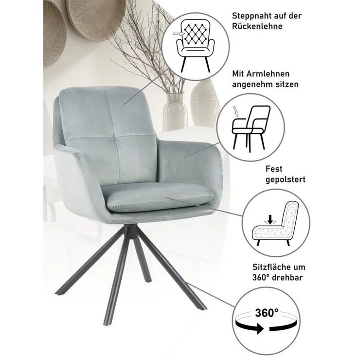 HELA Armlehnstuhl PARMA (Set, 2 St), 2er Pack, 360° drehbar, 4-Fuß, Kissenoptik, Samtvelour, Armlehnen – Bild 2