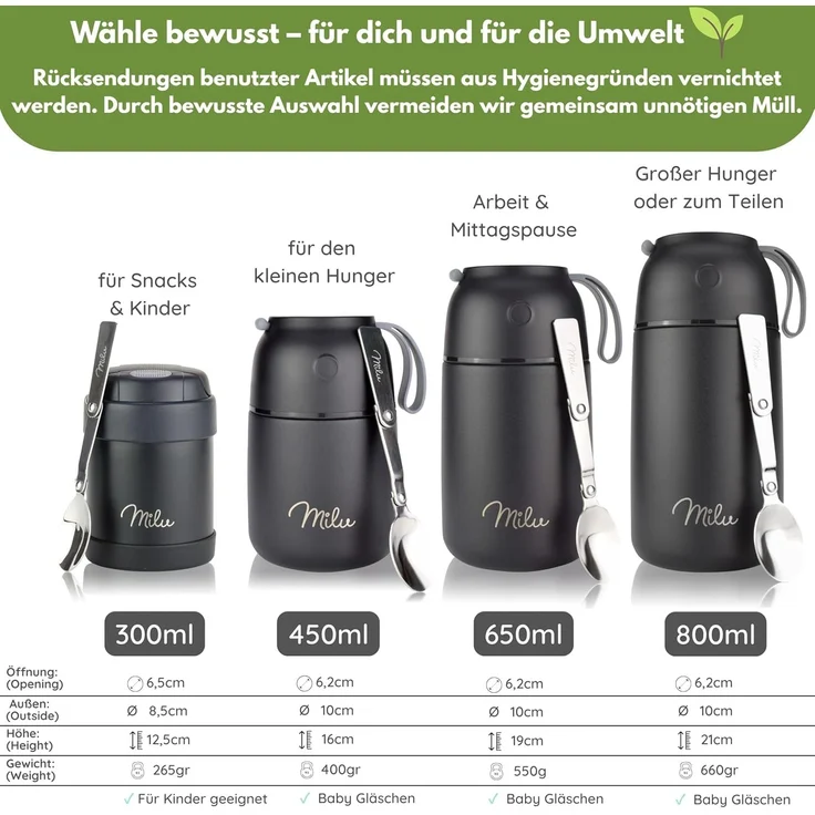 Milu® Thermobehälter für Essen 650ml, Edelstahl Warmhaltebehälter mit Löffel, Thermobecher Essen, Thermo Lunchbox für Kinder, Erwachsene, Thermobox Suppen, Babybrei, Speisebehälter Schwarz, 650ml – Bild 8