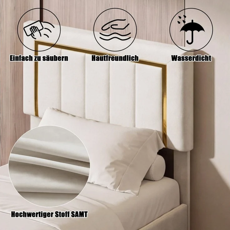 Simurq Stauraumbett Polsterbett 90x200 mit Bettkasten, Einzelbett für Schlafzimmer, Samtoptik Bett mit hydraulischem Stauraum, gepolstertes Kopftei – Bild 3