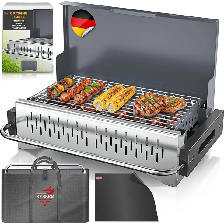 KESSER® Klappgrill, tragbarer Holzkohlegrill aus pulverbeschichtetem Stahl inklusive Grillrost, Grillmatte & Tragetasche, Anthrazit, 43 x 65 x 82 cm – Bild 1