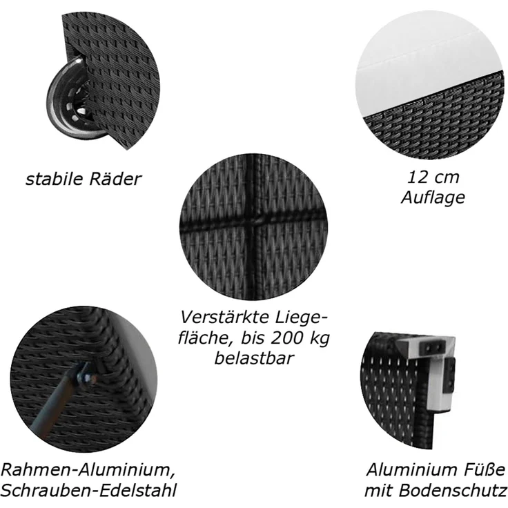 Sonnenliege Verona High mit Rollen und Auflage Creme-Weiss, Farbe Schwarz – Bild 3