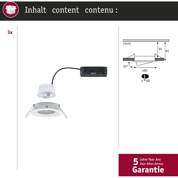 LED Einbauleuchte Nova Coin 3er-Set rund 84mm 50° 3x2,8W 3x505lm 230V 4000K Weiß matt – Bild 4
