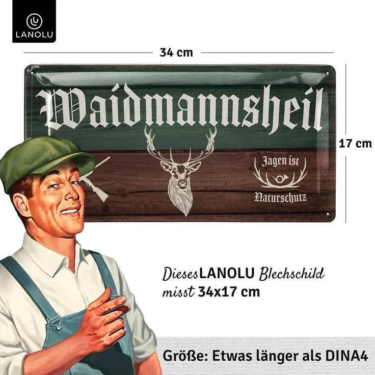 LANOLU Blechschild Waidmannsheil Jäger - 17x34cm – Metall – Mehrfarbig – 17125 – Bild 4