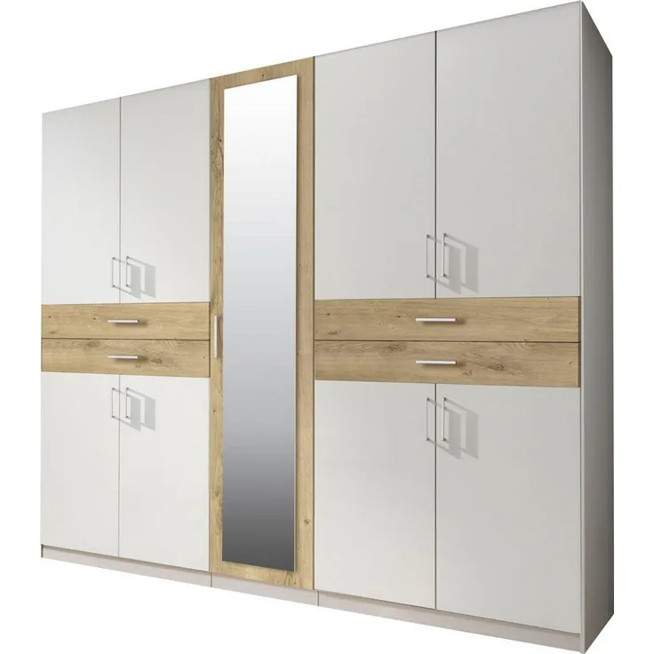 Kleiderschrank 'TAIGA' Schrank in Weiß und Plankeiche mit Spiegel 225 cm