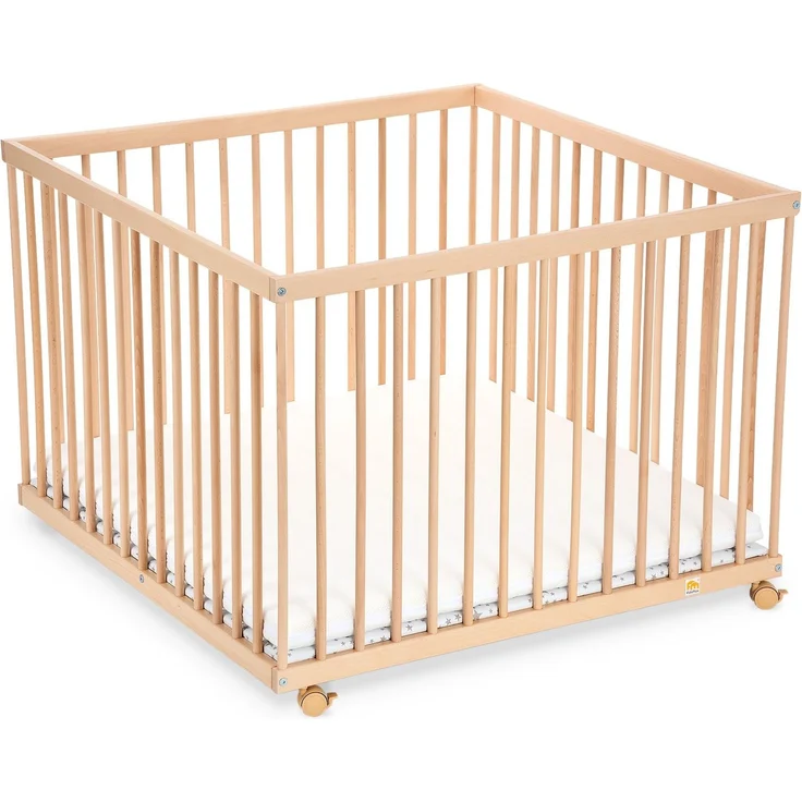 FabiMax Baby Laufgitter 100x100, stufenlos höhenverstellbar, mit Schlupfsprossen, Laufstall aus massivem Buchenholz, klar lackiert (Matratze Premium)