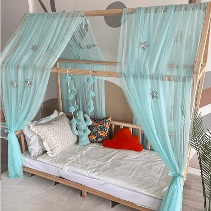 Baby Fancyroom Betthimmel Betthimmel Tüll Hausbett Kinderbett 2 Stück 340cm 380cm Montessori (3-tlg. Set mit 2x Betthimmel und einer 20er Pomponkette, Baldachin, Kinder Betthimmel Baldachin, Himmel Deko Set), Betthimmel für Hausbett Montessori