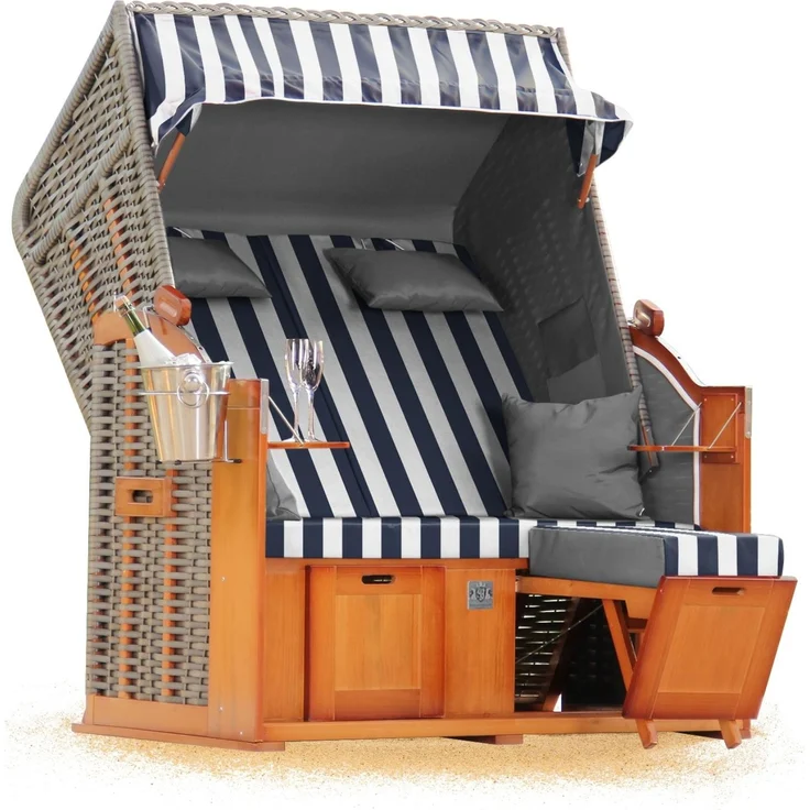 Strandkorb Hanse Ostsee Klassik XXL 2 Sitzer - Blau Weiß Blockstreifen – Bild 1
