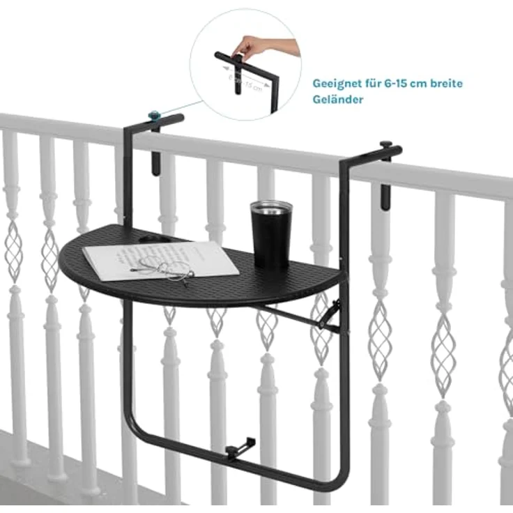 WOLTU Balkonhängetisch, Balkontisch zum Hängen, Hängetisch klappbar Beistelltisch Gartentisch, Klapptisch mit 3 Höhen, 2 Tassenhalterungen, in Rattan-Optik, 59,5x39 cm Schwarz – Bild 8