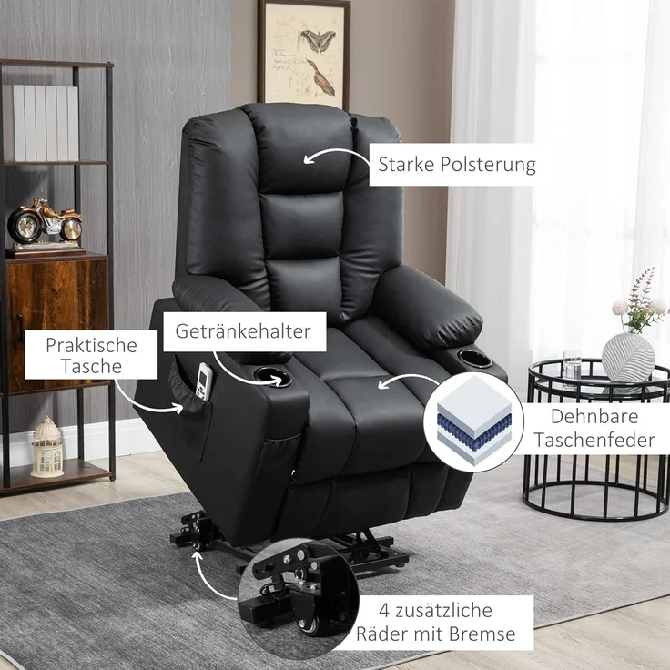 HOMCOM Massagesessel Fernsehsessel mit Liegefunktion, Rollen, Fernbedienung (Relaxsessel mit Aufstehhilfe, 2-St, TV Sessel), mit USB-Anschluss – Bild 9
