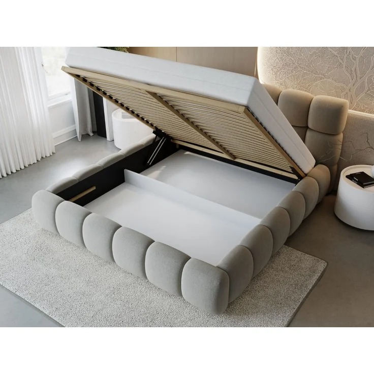 GRAINGOLD Modo Polsterbett 200x200, Doppelbett mit Kopfteil, groß Stauraum, Velour-Stoff, Hellgrau – Bild 5
