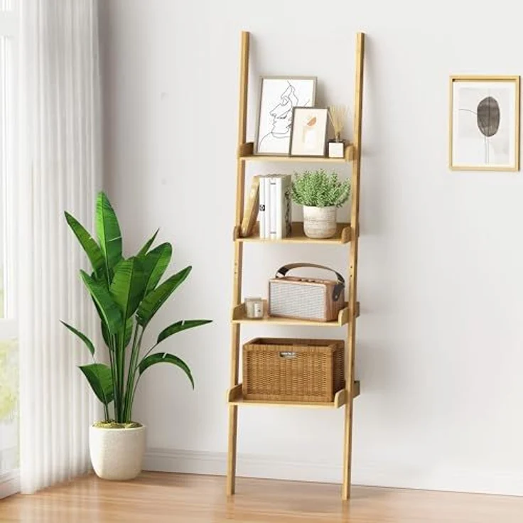 Ribelli Leiterregal mit 4 Ablagen, Bücherregal aus 100% Bambus, ca. 33T x 43,5B x 175H cm, Standregal gegen Wand für Arbeitszimmer, Wohnzimmer, Badezimmer, Küche, 510301 – Bild 1