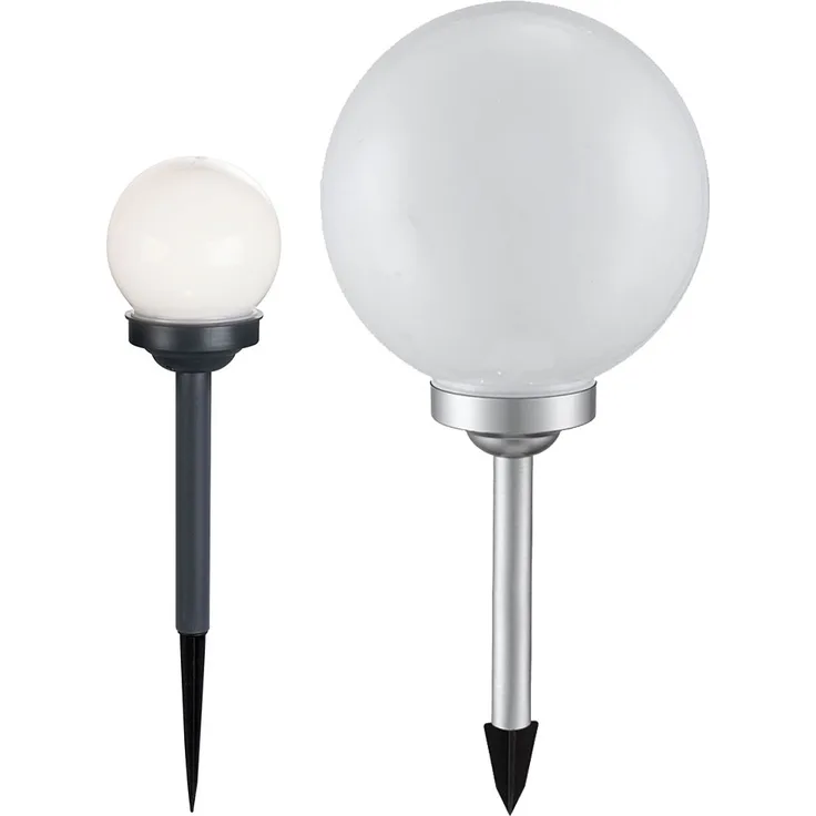 2er Set LED Solarleuchten, Kugel weiß, Erdspieß, D 10/30 cm