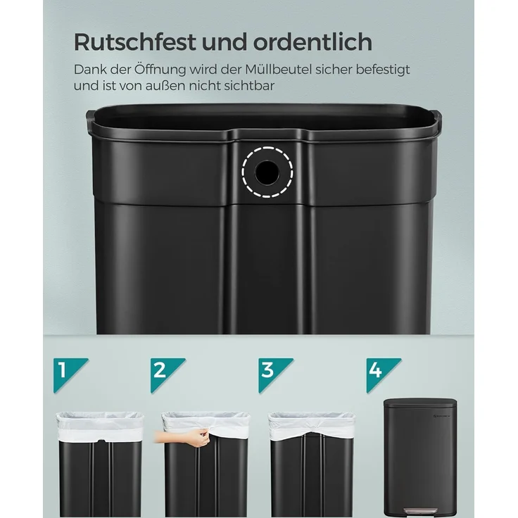 Songmics Mülleimer mit Deckel und Softclose, Stahl, 42,5 x 31,8 x 65,7 cm, 50 Liter, Schwarz – Bild 4