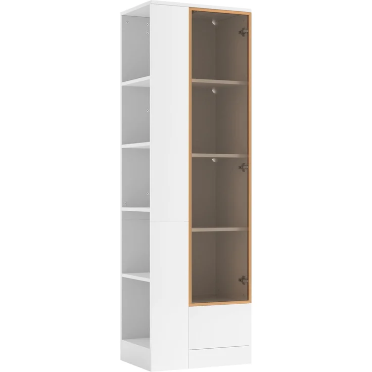 Vitrine mit Glastür & LED-Beleuchtung – Hochglanz-Schrank mit Schubladen & offenen Fächern, viel Stauraum für Wohnzimmer & Esszimmer, Weiß, 50x35x160 cm--Weiß--50x35x160cm--YOUDENOVA – Bild 7