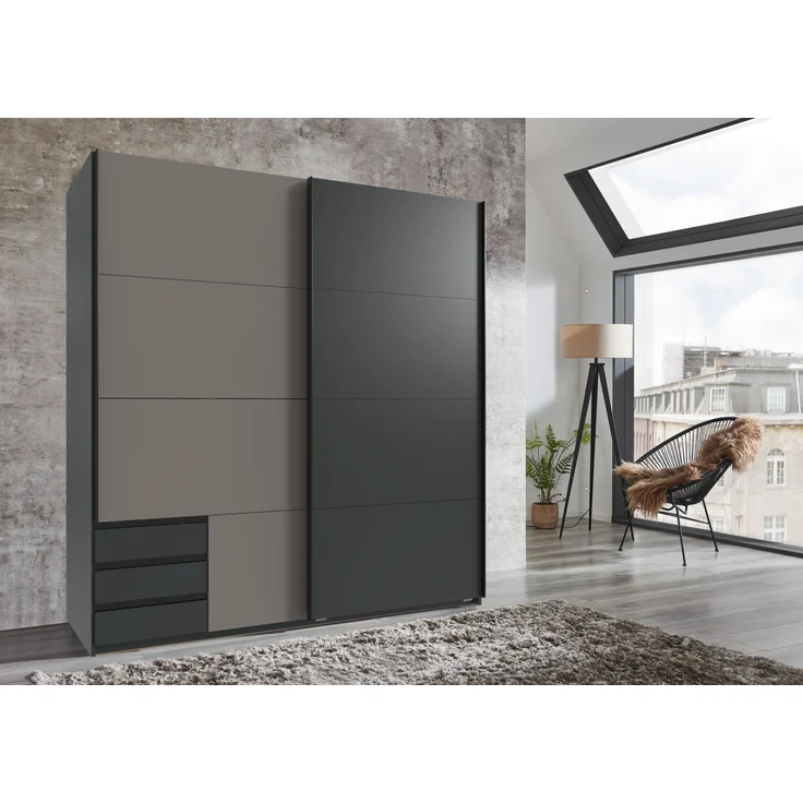 Schwebetürenschrank >Emden< 3 Schübe, GRAPHIT + SAHARAGRAU - 179x198x65cm (BxHxT) – Bild 1