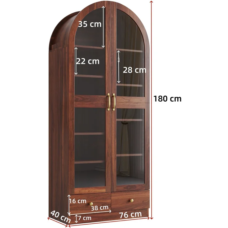 Vitrine 76 x 40 x 180 cm aus MDF und Glas, Nussbaum-Optik mit Bogenprofil – Bild 5