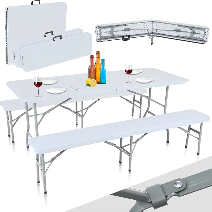 Strattore Bierzeltgarnitur, 3-teilig, Klappbar, Kunststoff, 180 x 70 x 74 cm, Weiß