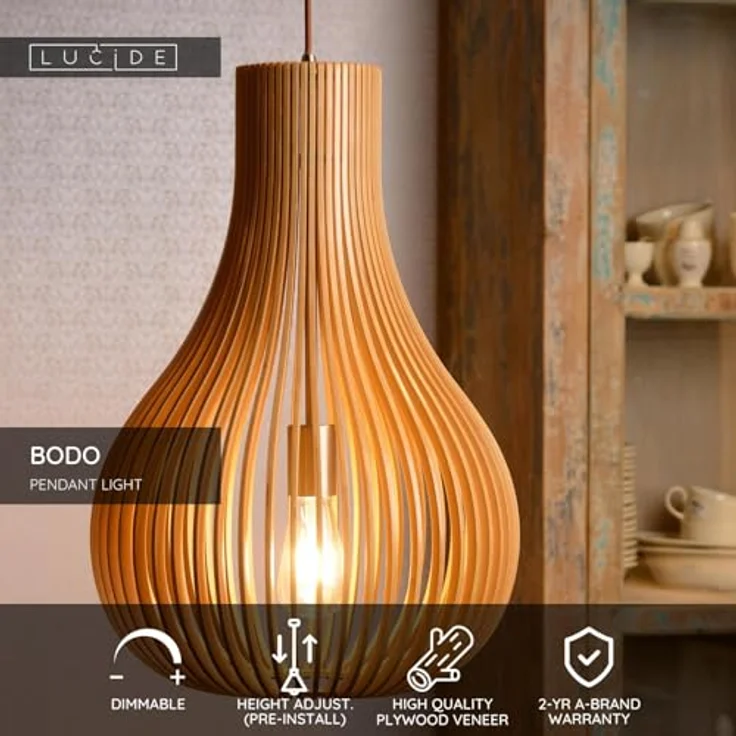 Lucide BODO Pendelleuchte, Ø 38 cm, 1xE27, höhenverstellbar, helles Holz, geeignet für LED-Lichtquellen – Bild 3
