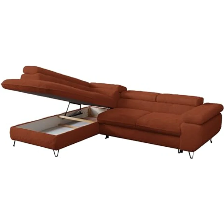 Ecksofa mit Bettfunktion, Modern Sofa, L-form, Einstellbare Kopfstützen, Bettkasten - PETER - Orange Plüsch - Topper T25 - links – Bild 7