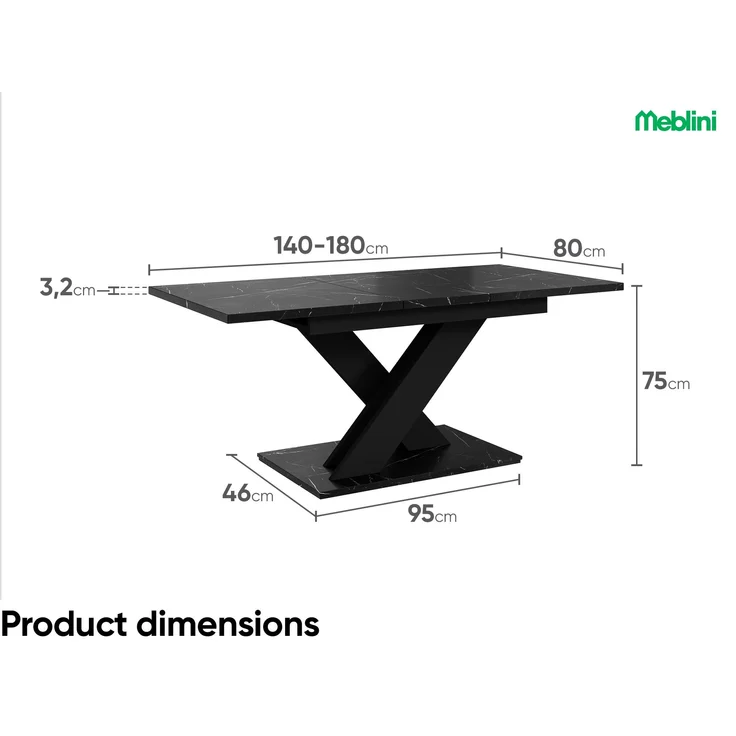 MEBLINI Esstisch Ausziehbar - 140-180x80x75cm - BRONX - Schwarz Marmor/Schwarz Matt - Esszimmertisch Modern - Küchentisch - Säulentisch - Ausziehtisch - Dining Table – Bild 7
