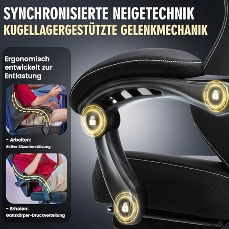 GTPLAYER Gaming Stuhl, Ergonomischer Gamer Sessel mit Fußstütze, Bürostuhl Höhenverstellbar mit Kopf- und Lendenkissen,Drehstuhl aus Kunstleder schwarz – Bild 4