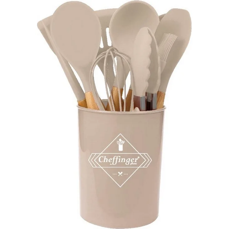 12-tlg Küchenhelfer Kochbesteck Set Kochgeschirr Silikon Holzgriff Beige