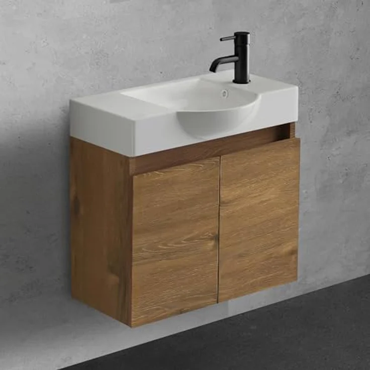 Alpenberger Badmöbel-Set Gäste WC Waschbecken mit Unterschrank 55 cm Breit, (Badschrank Klein, Badmöbel Set Eiche), Waschbeckenunterschrank mit Waschbecken – Bild 2