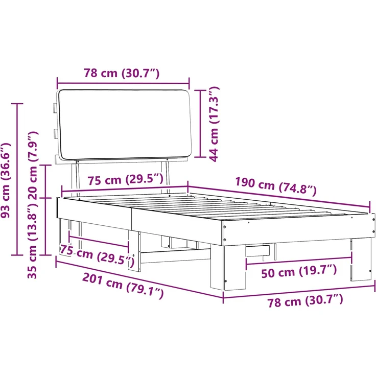vidaXL Bettgestell mit gepolstertem Kopfteil Dunkelgrau 75x190 cm 877390 – Bild 10