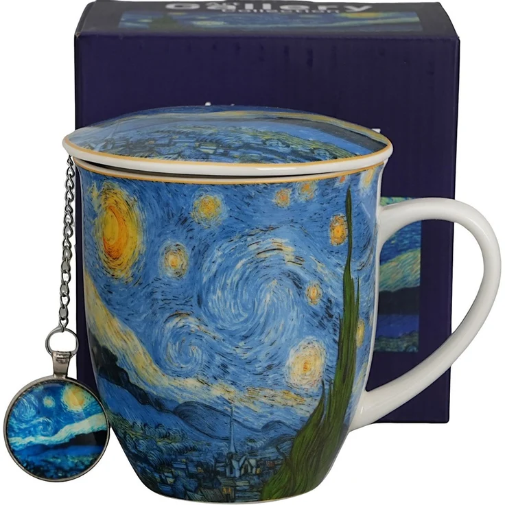DUO ART GALLERY Becher 400 ml mit Teesieb STARRY NIGHT inspired by Van Gogh, New Bone China Porzellan – Bild 3