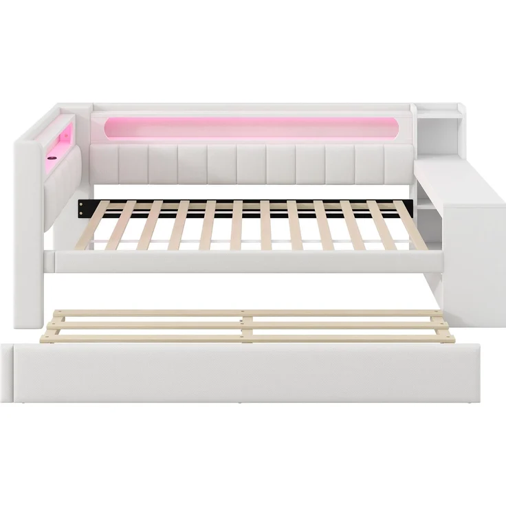Gepolstertes 90x200 Tagesbett mit USB-Anschlüssen und LED-Gürtel, mit Ausziehbett und Schreibtisch, Weiß – Bild 7