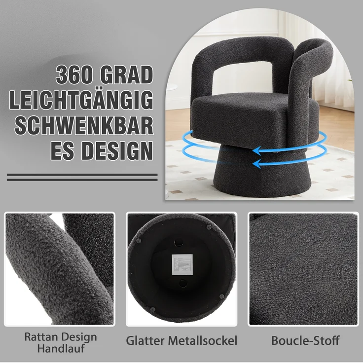LVHOM Polsterstuhl 360° drehbar, Drehsessel Bouclé-Stoff, Loungesessel mit Armlehnen, Armlehnenstuhl Relaxsessel, Dunkelgrau – Bild 4