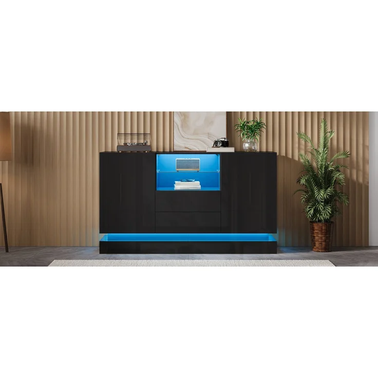 ZUBALIYA Sideboard 140x40x80 cm, mit LED-Beleuchtung, Hochglanz, mit 2 Türen, aus Spanplatte, Schwarz – Bild 7