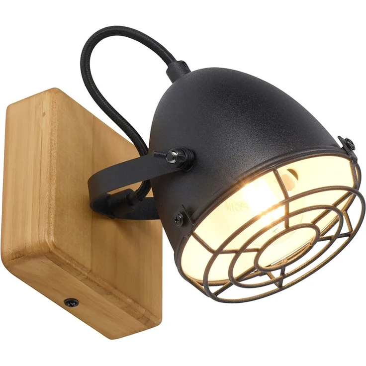 Wandleuchte, Holz, Metall schwarz, beweglicher Spot, H 20 cm