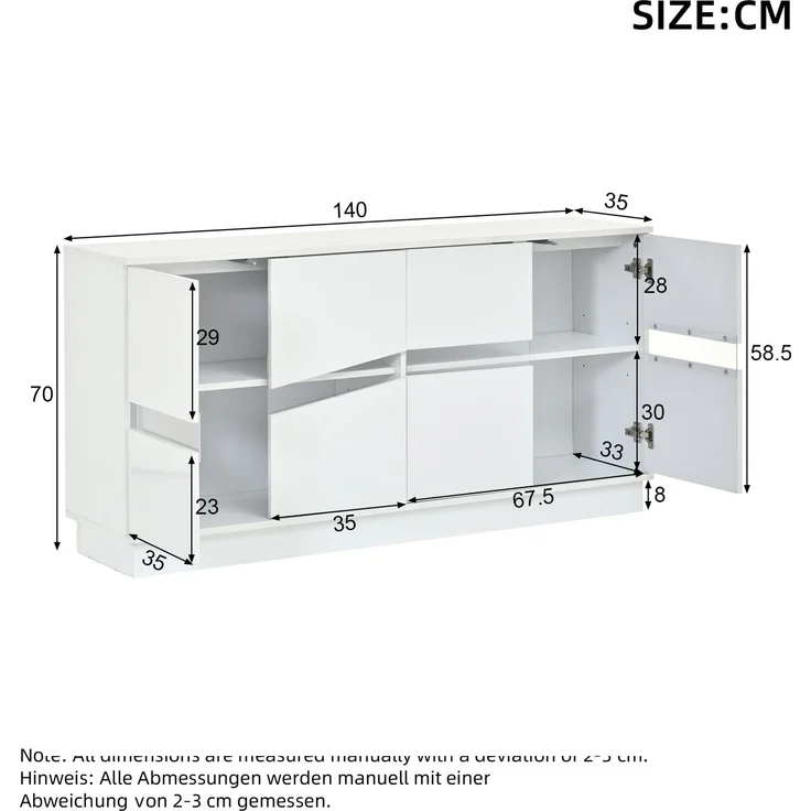 ZUBALIYA Sideboard 140x35x70 cm, mit LED-Beleuchtung, Hochglanz, mit 4 Türen, aus Spanplatte, Weiß – Bild 4