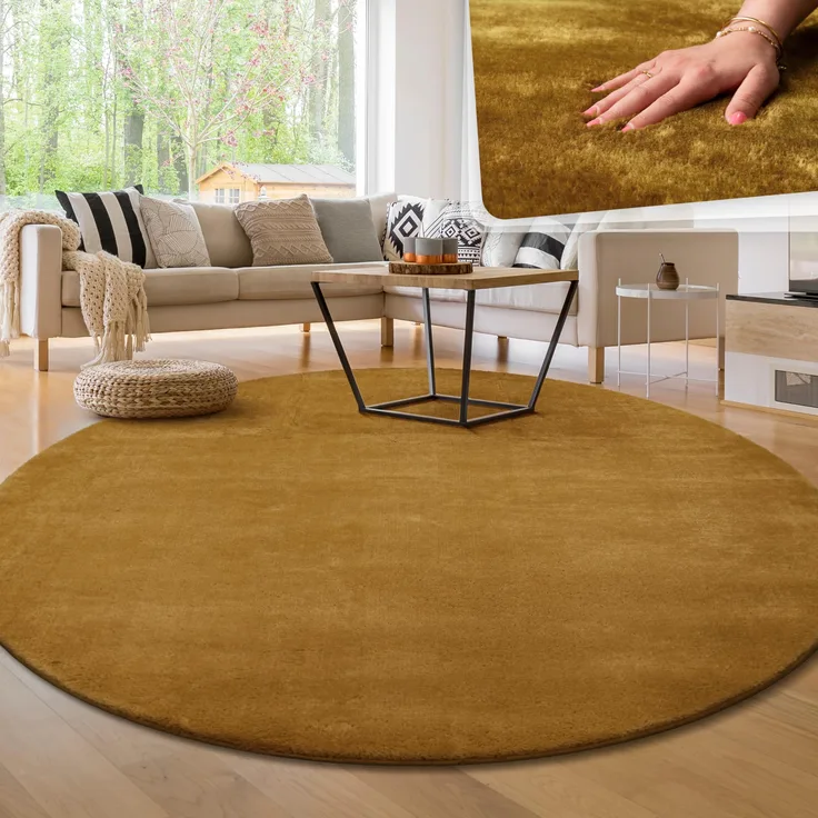 Paco Home Waschbarer Teppich Wohnzimmer Schlafzimmer Kurzflor rutschfest Flauschig Weich Moderne Einfarbige Muster, Grösse:200 cm Rund, Farbe:Gelb