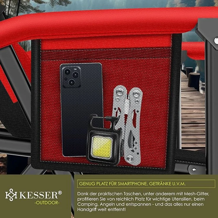 KESSER® Campingstuhl faltbar bis 160 kg, Klappstuhl, Gepolstert mit Armlehnen, Campinglicht und Getränkehalter + Tasche mit hoher Rückenlehne, mit Angelhalterung, Rot / Schwarz, 95 x 65 x 59 cm – Bild 8