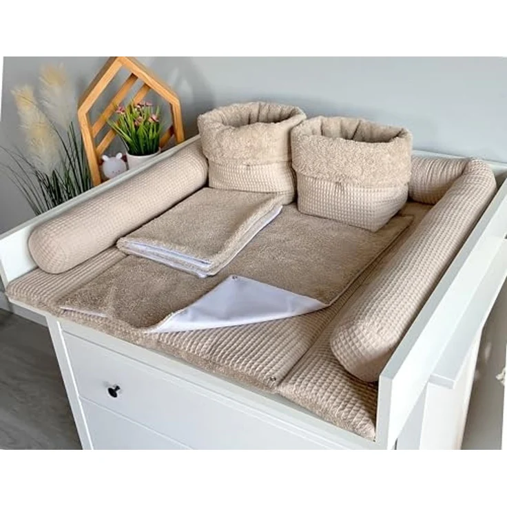 Wickelauflage Set 6-teilig – Wickelunterlage aus Waffelstoff & Frottee mit Druckknöpfen – Baby Wickelauflage – Wickeltischauflage – 75x70 cm (Breite x Tiefe), Altbeige – Bild 2