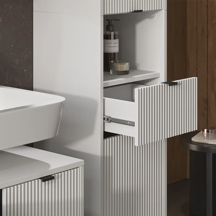 Badschrank Eliza Weiß 40 x 190 cm mit Türen, und Schublade Vicco – Bild 5