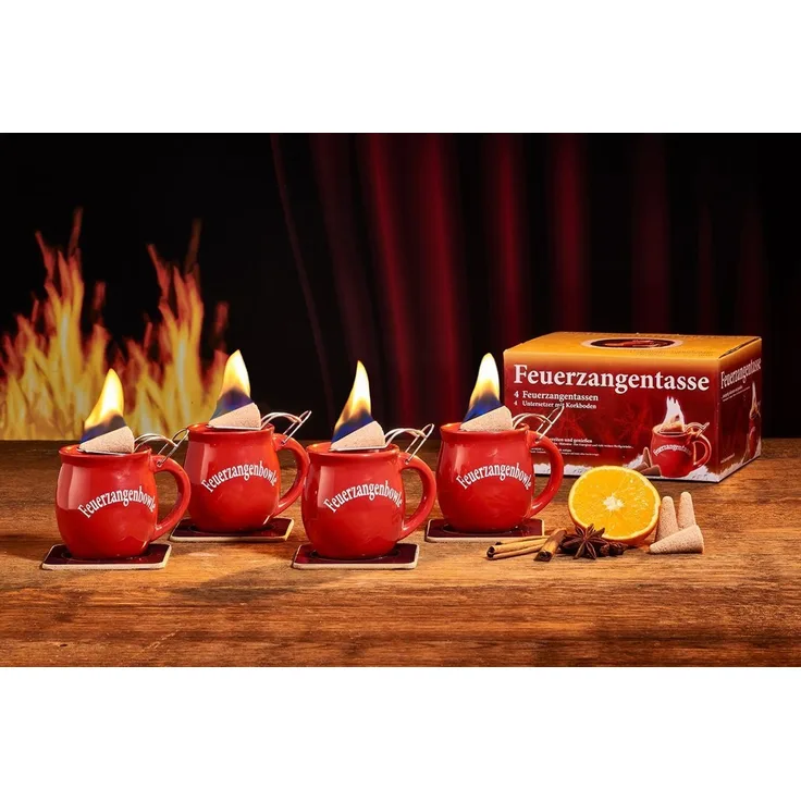 Feuerzangentasse Bowle-Set Feuerzangentasse 4er-Set (Feuerzangenbowle Set, 9-tlg, 4x Feuerzangentasse, 4x Korkuntersetzer, 1x Rezeptheftchen), hitzebeständige Keramik, Edelstahl-Feuerzange