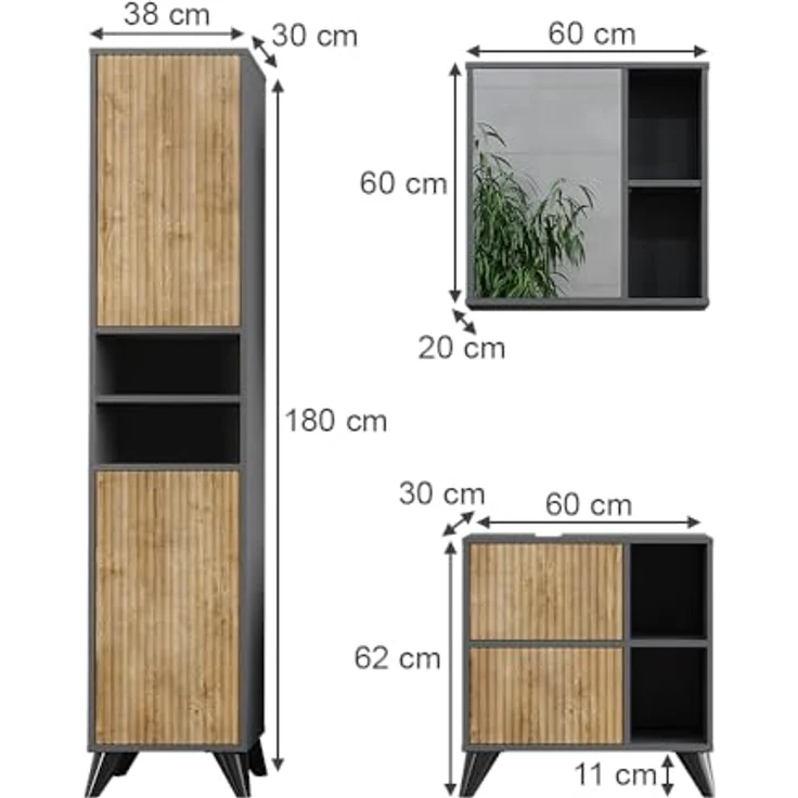 Vichy Badmöbel-Set Leano, 3-teilig, anthrazit/Bergeiche, inkl. Waschbeckenunterschrank und Spiegelschrank – Bild 3