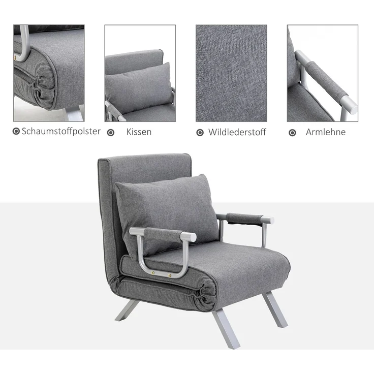 JARDJ Relaxsessel Liegesessel Sessel, Liegefunktion, Gästebett, 65 cm x 69 cm x 80 cm, Grau – Bild 8