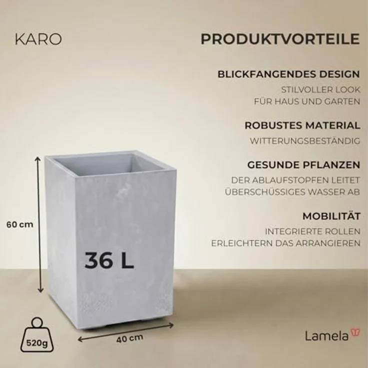 LAMELA Pflanzkübel mit Rollen Höhe 60 cm, 36L – Blumentopf aus Kunststoff in Betonoptik – Übertopf mit Wasserablauf – Modern für Innen & Außen - Wetterfest & Pflegeleicht, Hellgrau – Bild 3