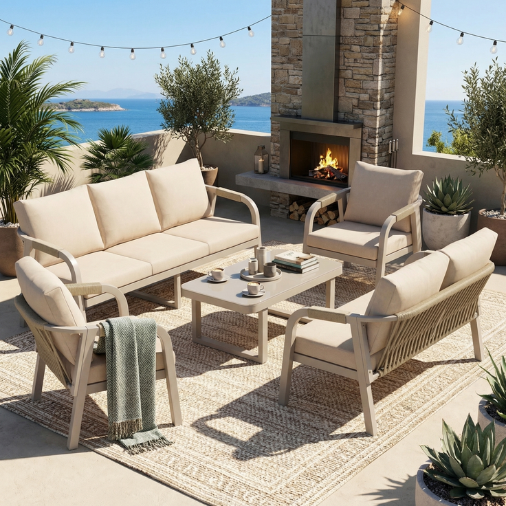 Merax Gartenmöbel-Set 5-tlg, Gartenlounge-Set mit 3-Sitzer-Sofa, 2-Sitzer-Sofa, 2 Sessel und 1 Couchtische, Terassenmöbelset 7 Sitzer, Beige