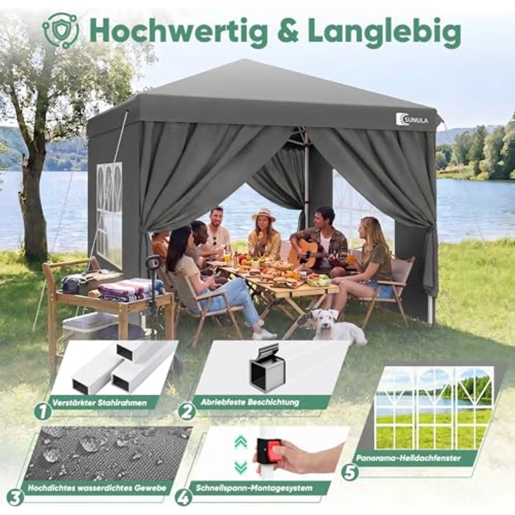 Sunula Pavillon 3x3m, wasserdicht und stabil, winterfest mit 4 Seitenwänden, Faltpavillon in Grau, für 6-8 Personen – Bild 3