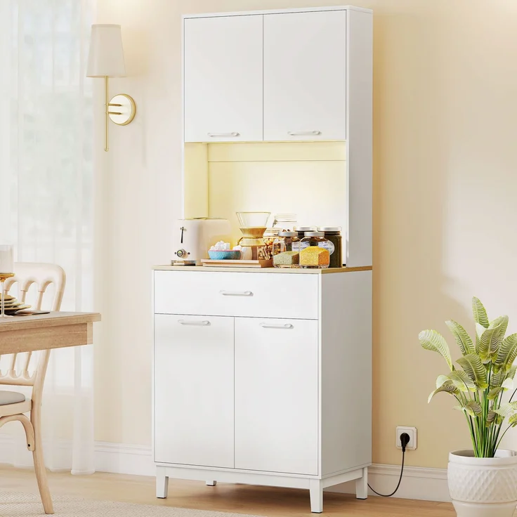 JARDJ Hohes Küchenbuffet mit LED-Beleuchtung und Ladestation, Küchenschrank mit 4 Türen, Schublade und Arbeitsplatte, weiß – Bild 4