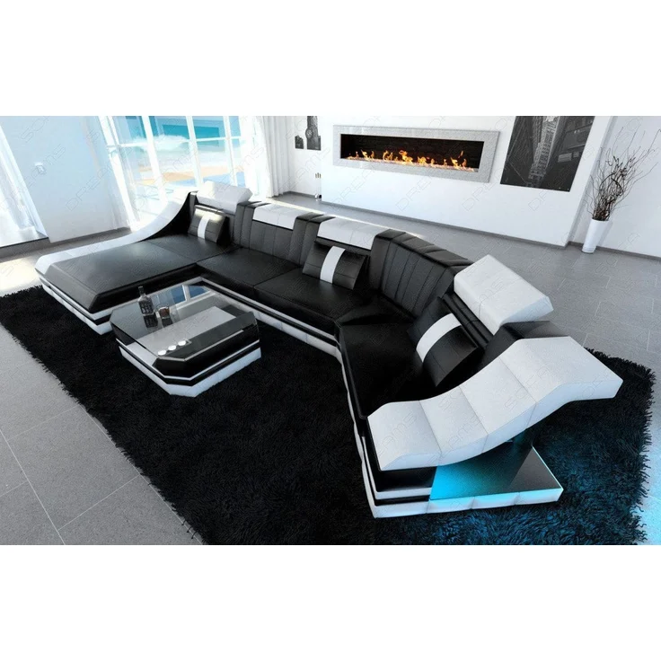 Sofa Dreams - Mini Luxus Wohnlandschaft Turino C-Form mit LED - Echtleder - Schwarz-Weiß - Links – Bild 6