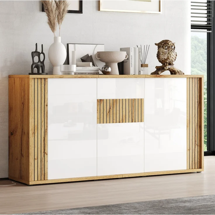 DESVIAE Sideboard Weiß/Naturholz aus MDF/Spanplatte – 140x71x35 cm – 3 Türen, 6 Fächer – Bild 2